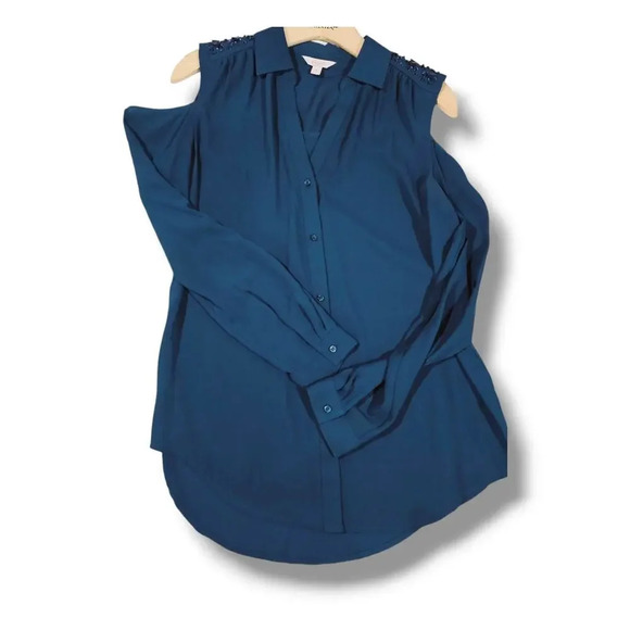 Candie’s Women’s Blue Cold Shoulder Button-Down Blouse Sz Medium - Picture 4 of 7